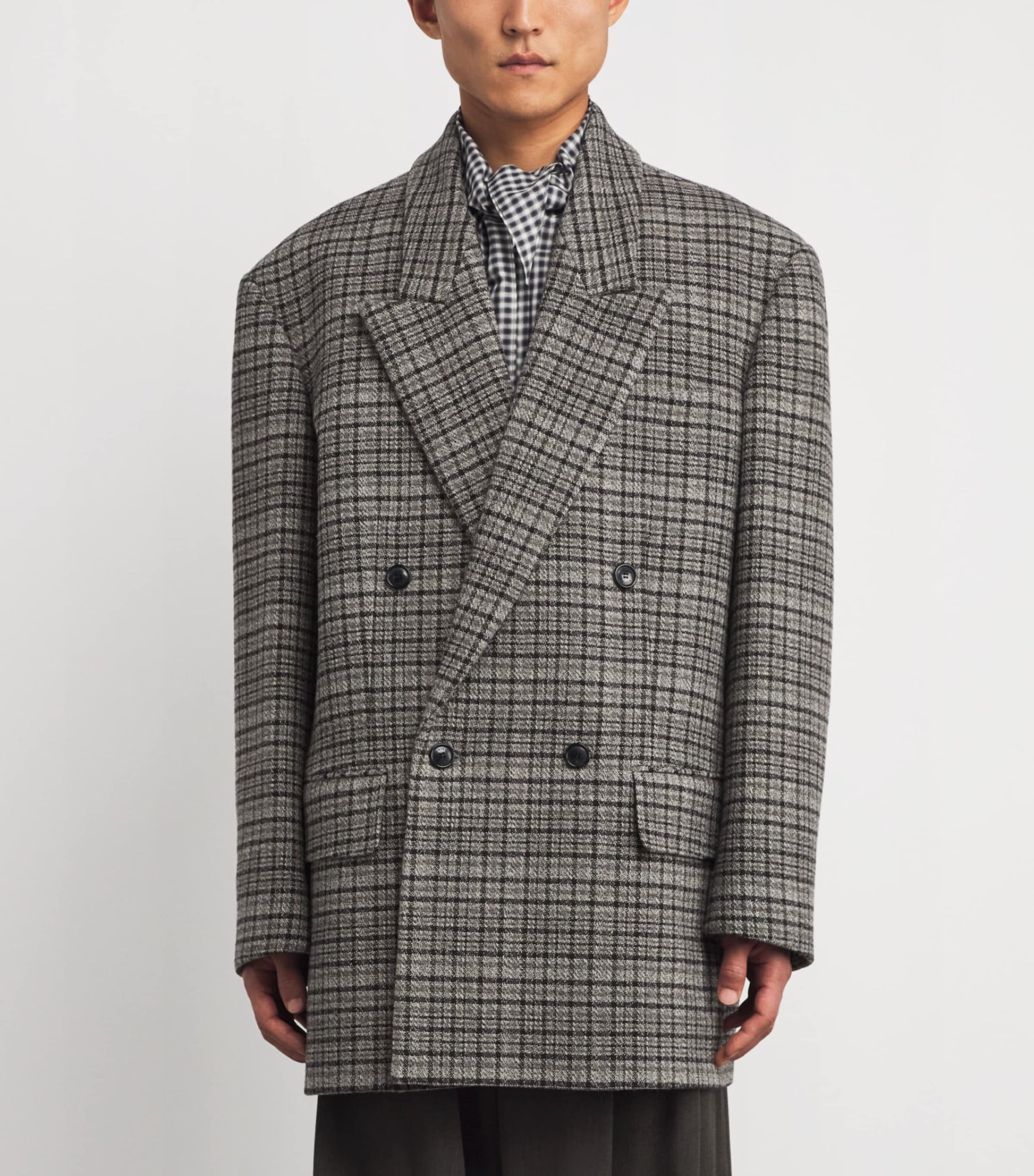 System Grey Oversized Check Double-Breasted Blazer