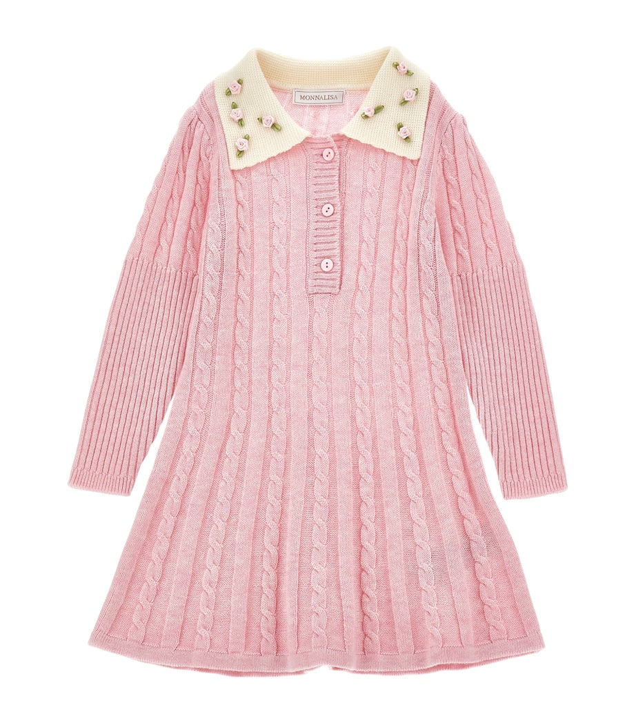 Monnalisa Multi Wool-Cotton Cable-Knit Polo Dress (2-12 Years)