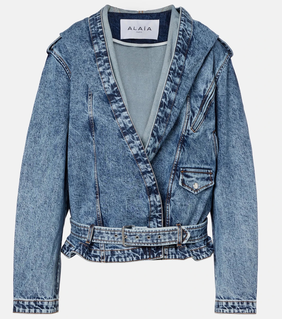 Alaïa - Belted hooded denim jacket