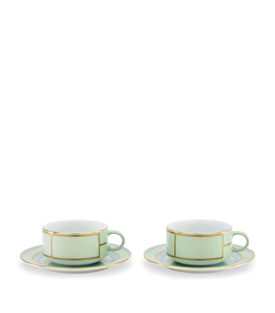 Set of 2 Porcelain Colonna Diva Verde Teacups and Saucers