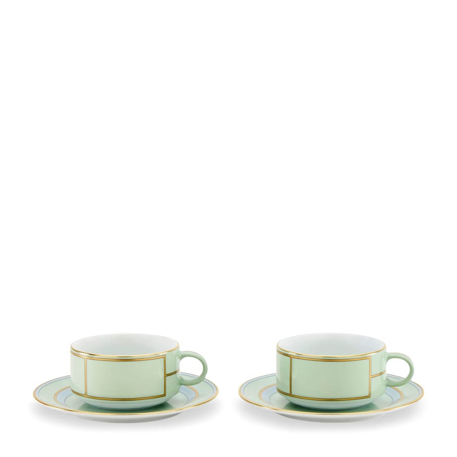 Set of 2 Porcelain Colonna Diva Verde Teacups and Saucers