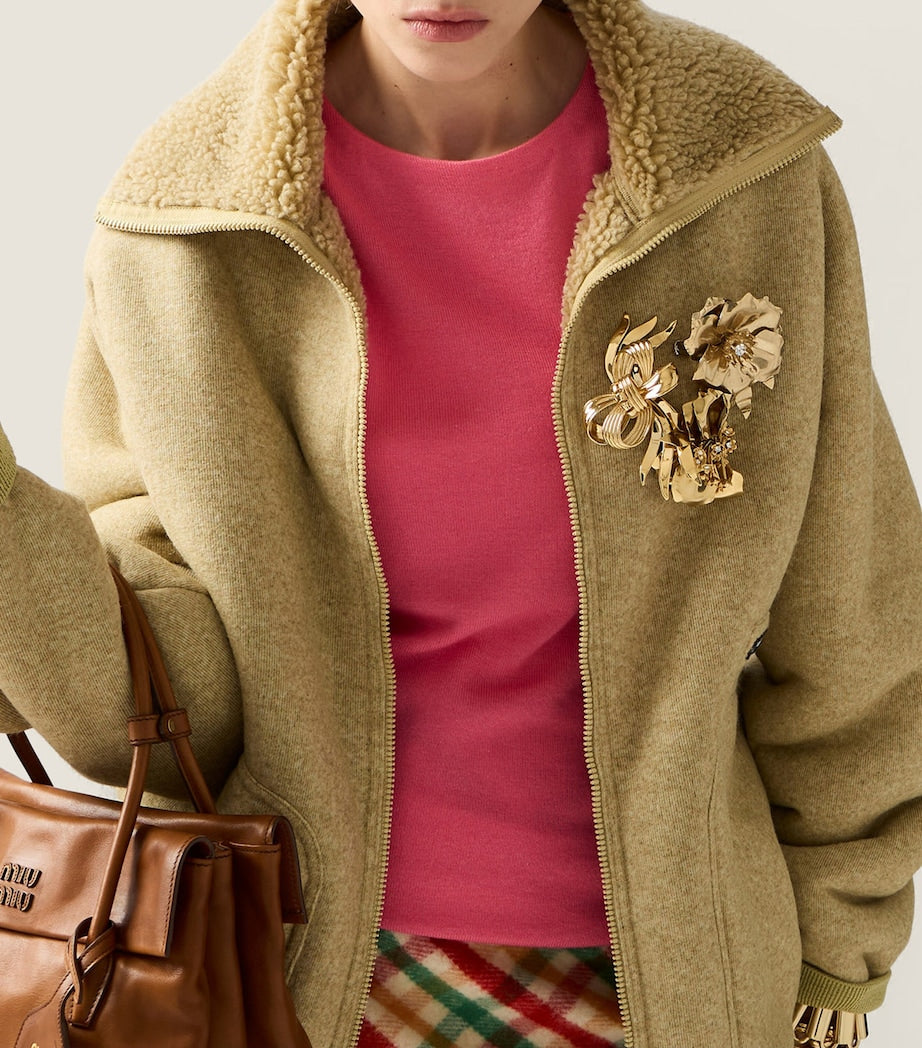 Neutral Fleece-Lined Bomber Jacket