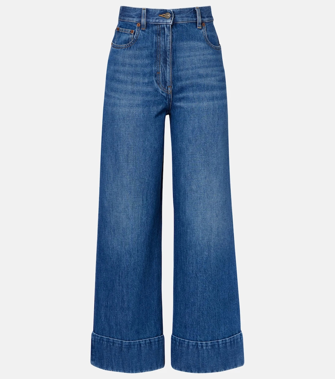 Valentino - Leather-trimmed wide-leg jeans