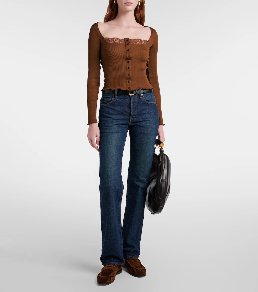 Saint Laurent - Lace-trimmed ribbed-knit silk jersey top