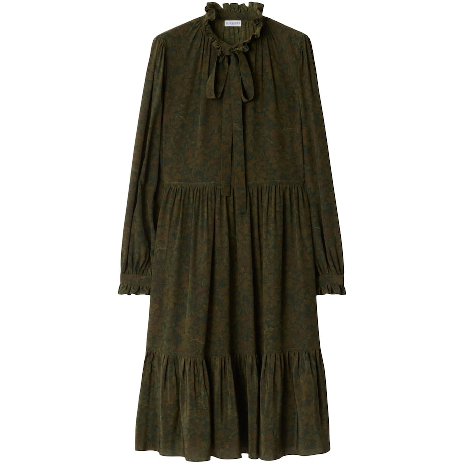 Green Silk Crepe Foliage Midi Dress