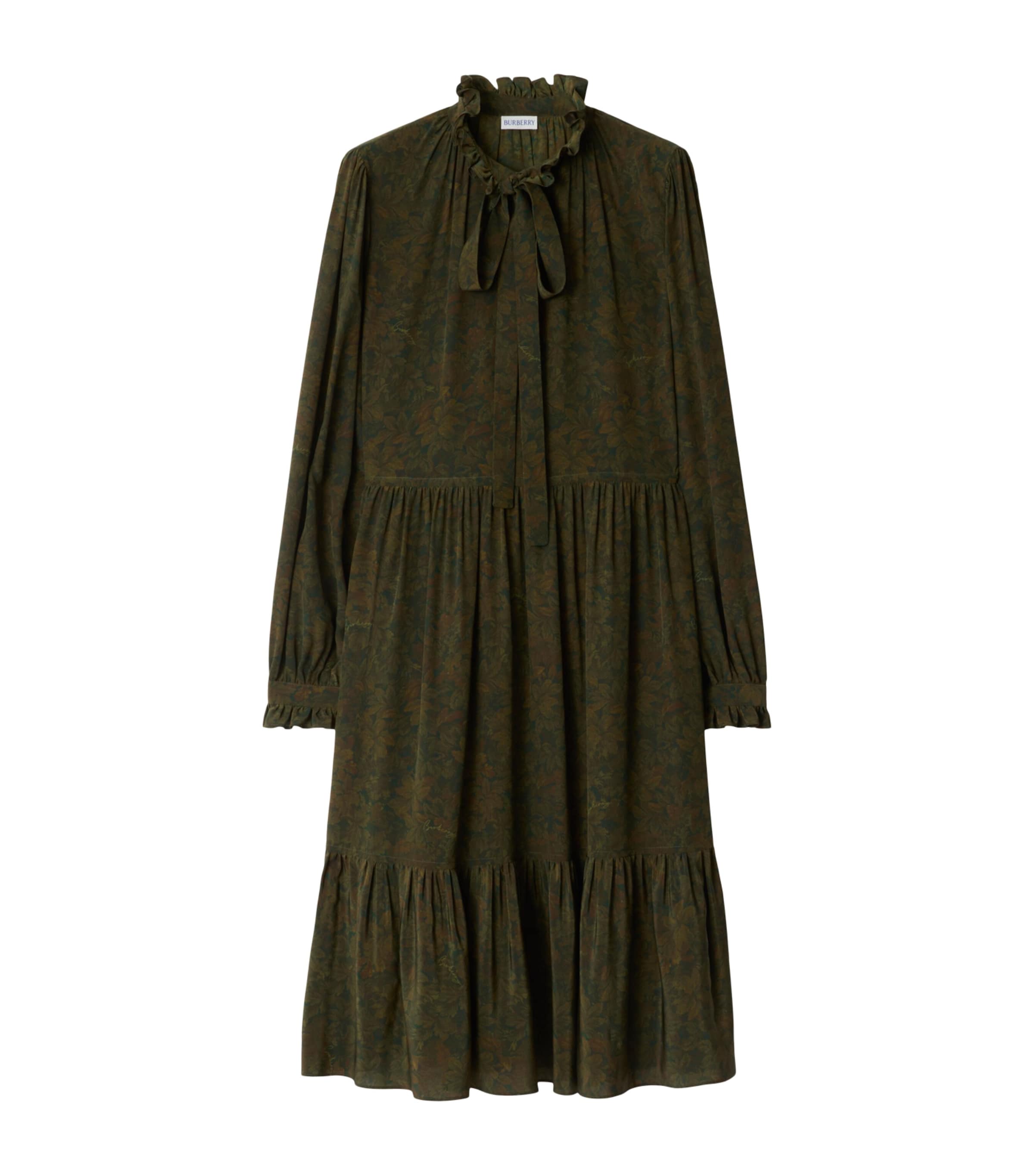 Green Silk Crepe Foliage Midi Dress