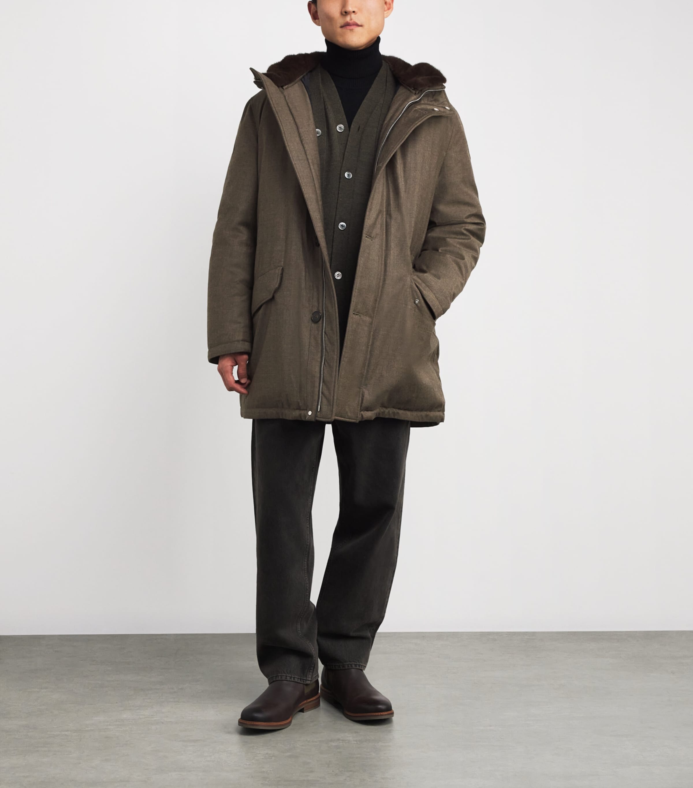 Yves Salomon Brown Wool-Silk Down Mink-Trim Parka