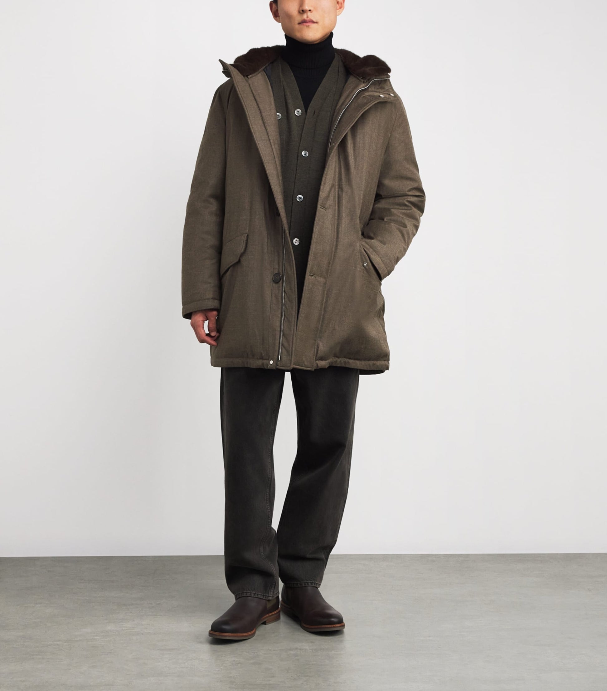 Yves Salomon Brown Wool-Silk Down Mink-Trim Parka