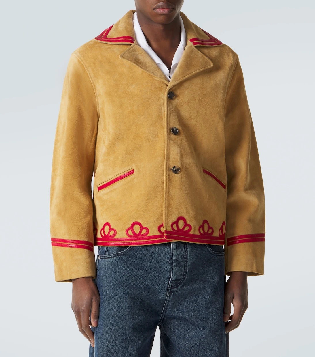 Bode - Trefoil leather-trimmed suede jacket