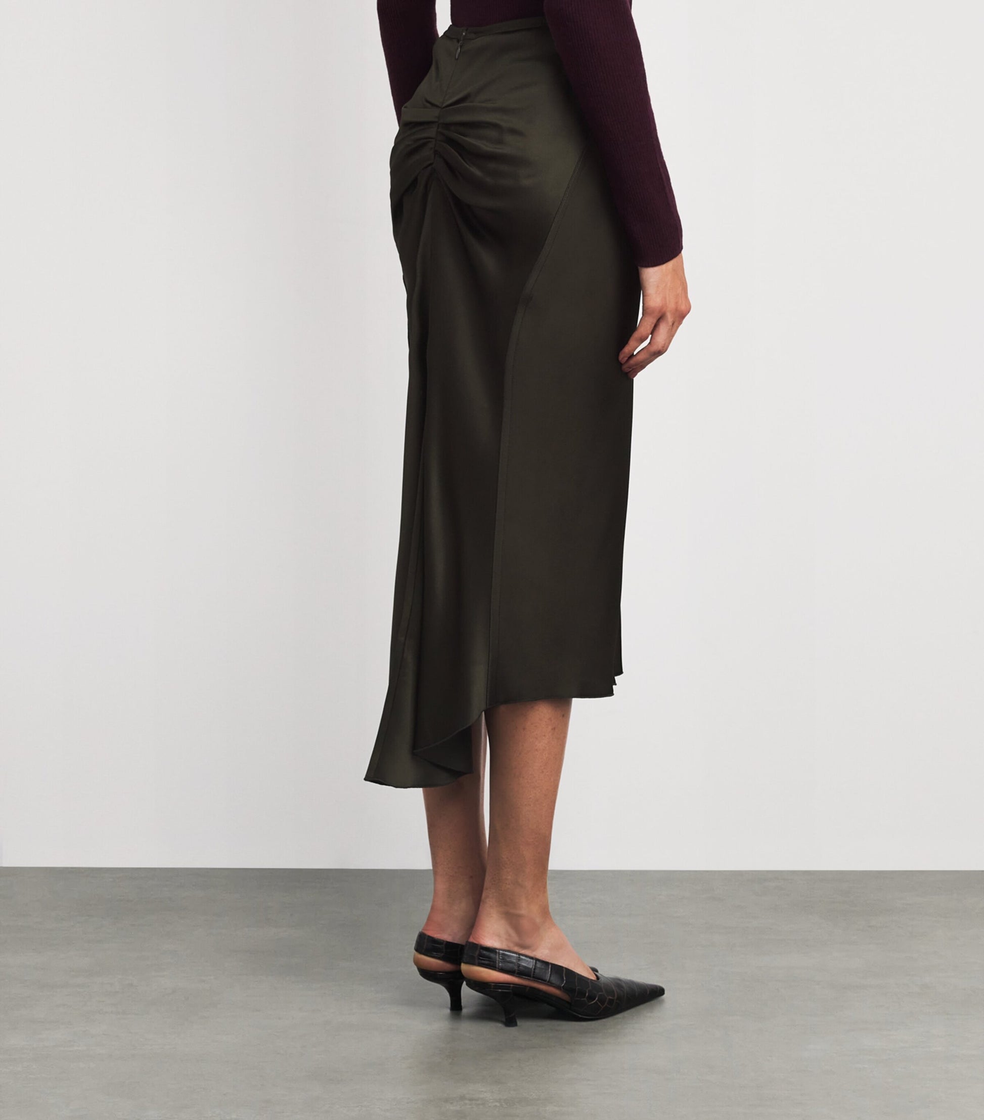 Satin Gathered Waist Midi Skirt