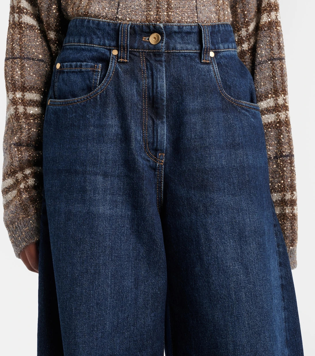 Brunello Cucinelli - Leather-trimmed barrel-leg jeans