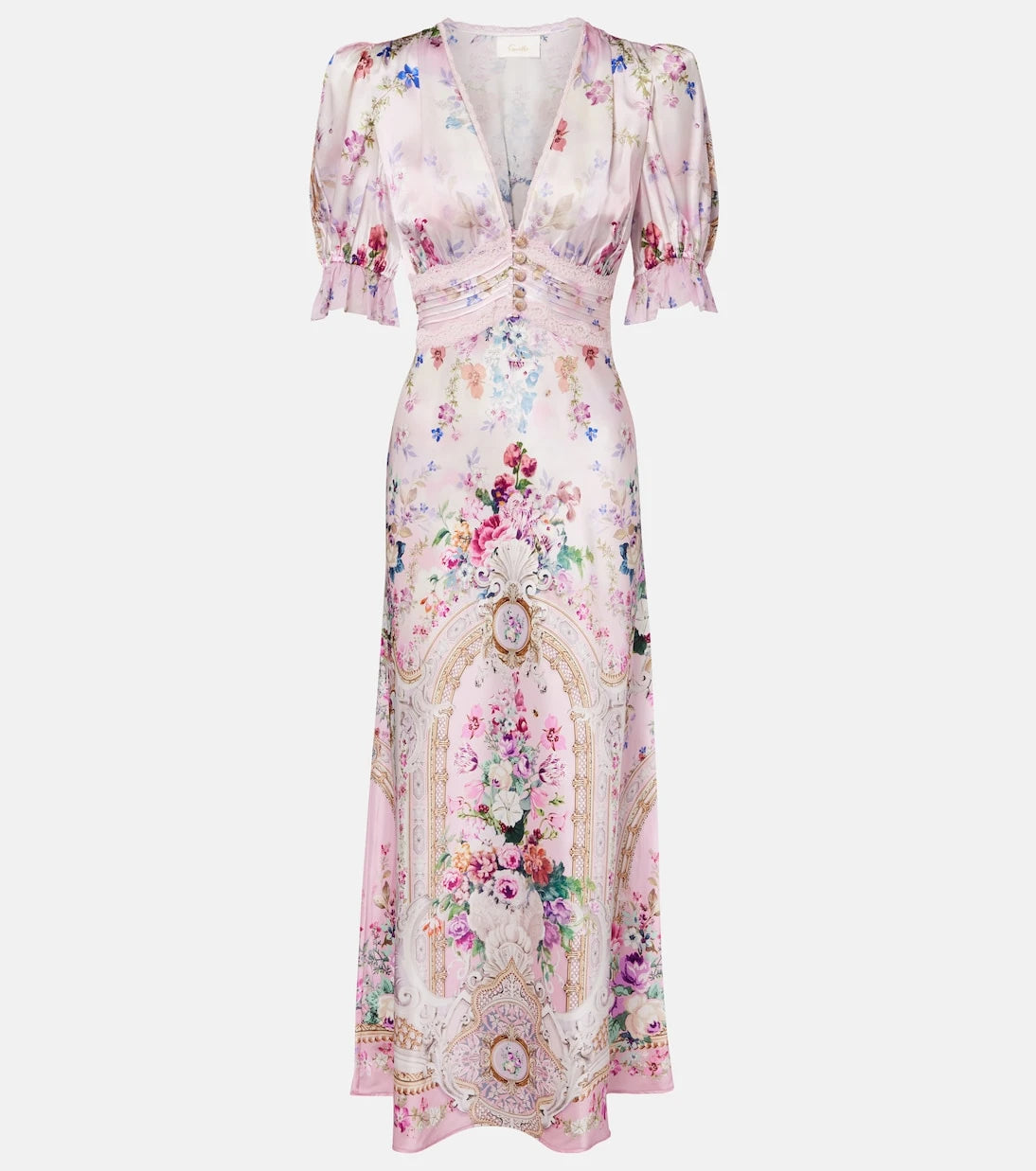 Camilla - Lace-trimmed printed silk midi dress