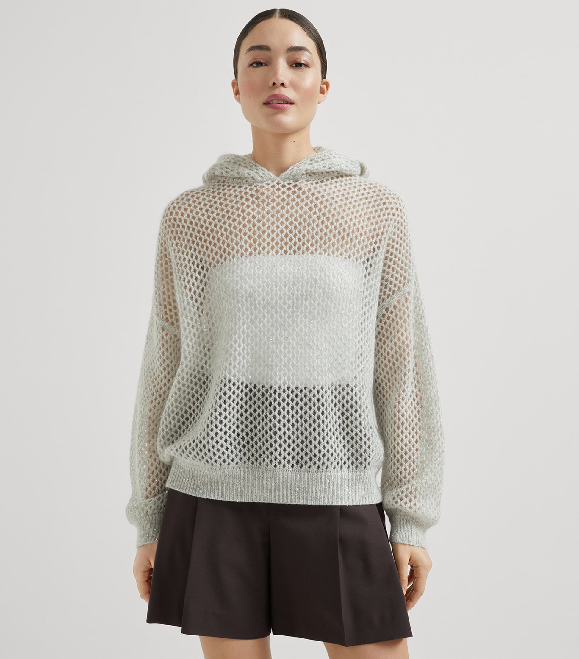 Brunello Cucinelli Grey Embellished Hooded Sweater