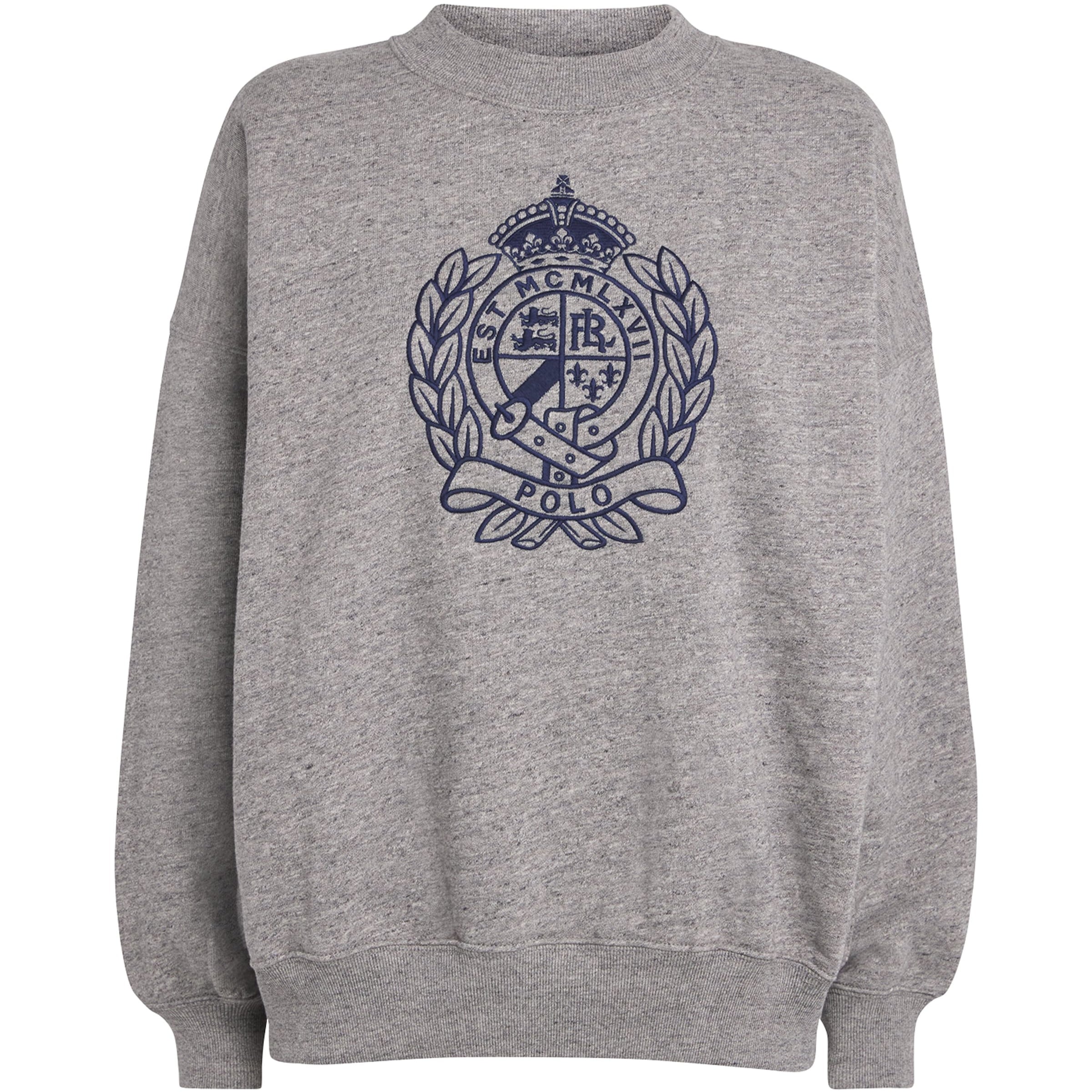 Grey Fleece Crest-Embroidered Sweatshirt