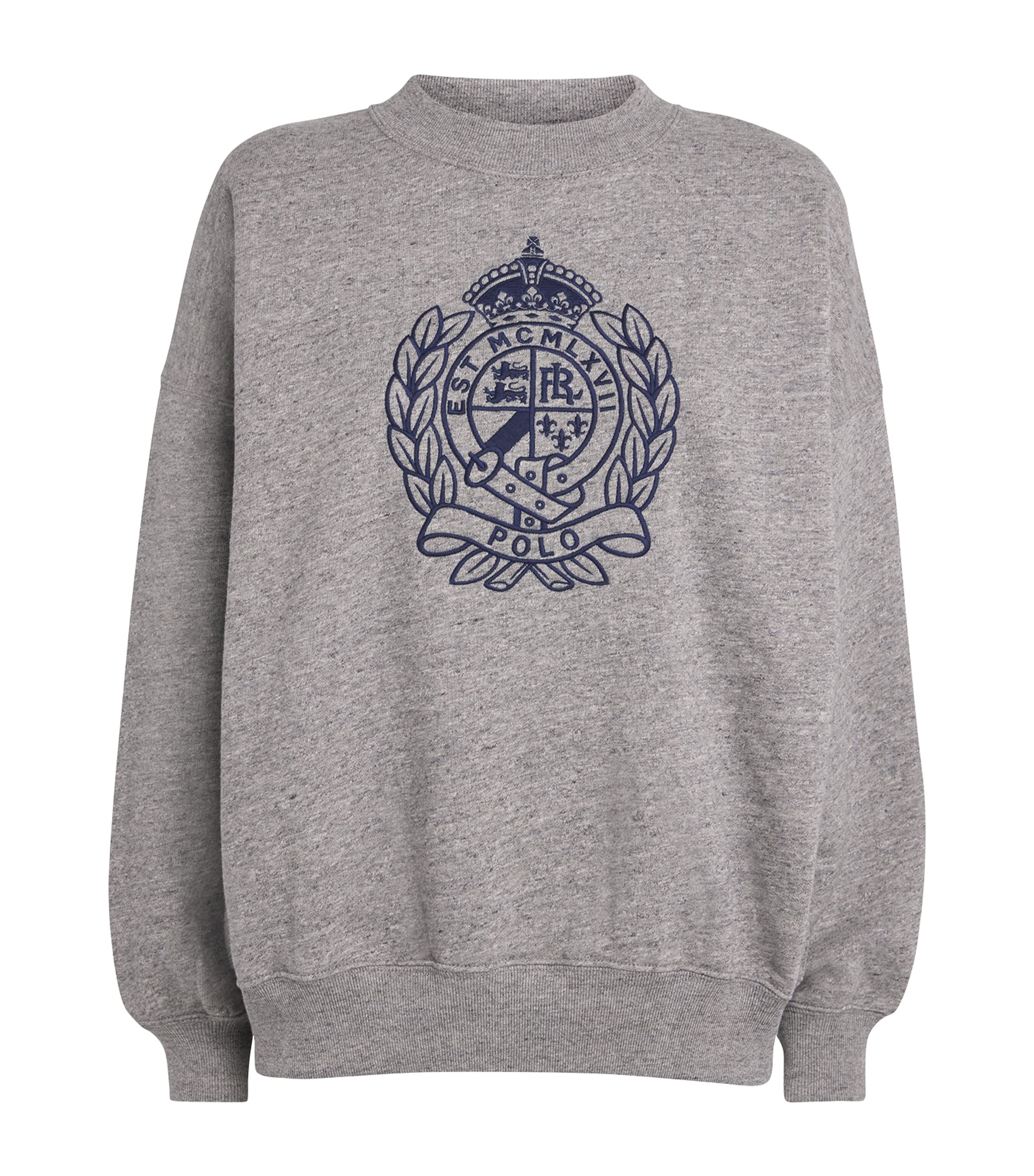 Grey Fleece Crest-Embroidered Sweatshirt