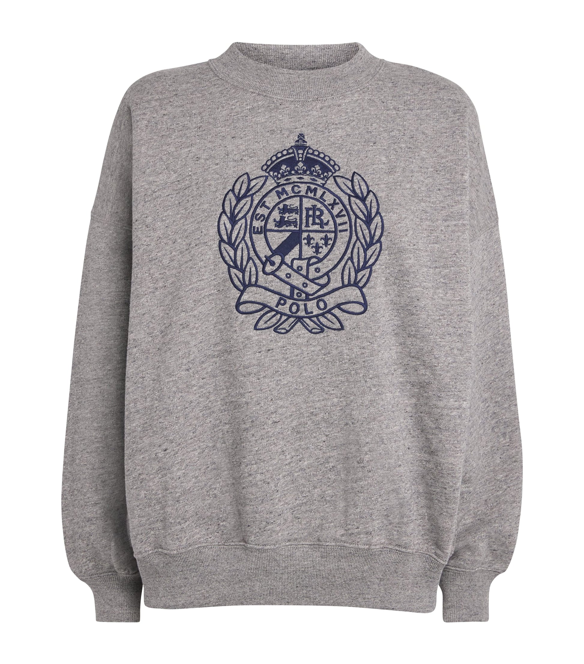 Grey Fleece Crest-Embroidered Sweatshirt