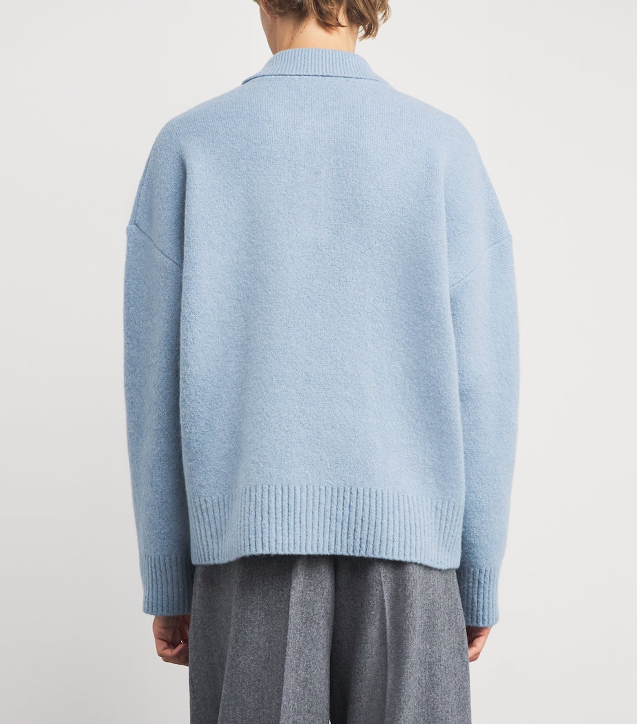 Blue Alpaca-Blend Polo Sweater