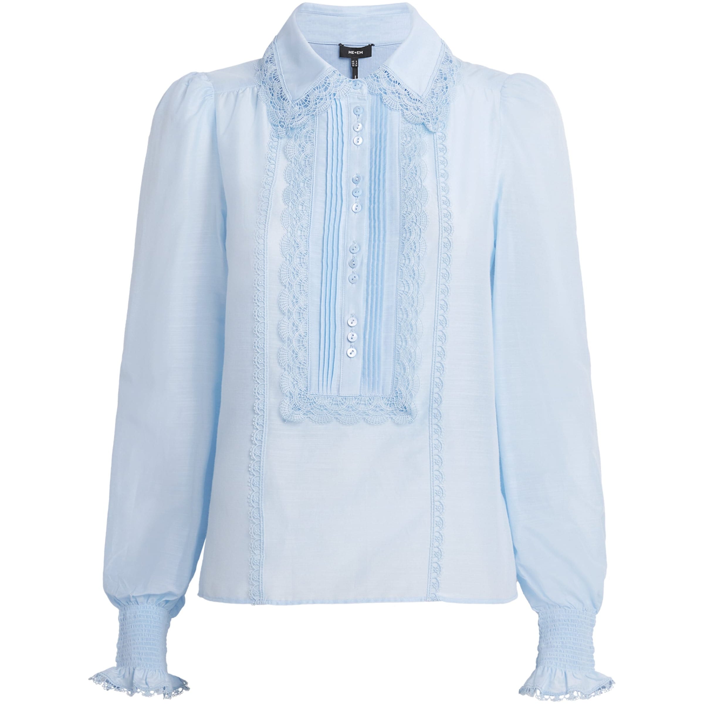 ME+EM Blue Silk-Cotton Lace-Trim Blouse