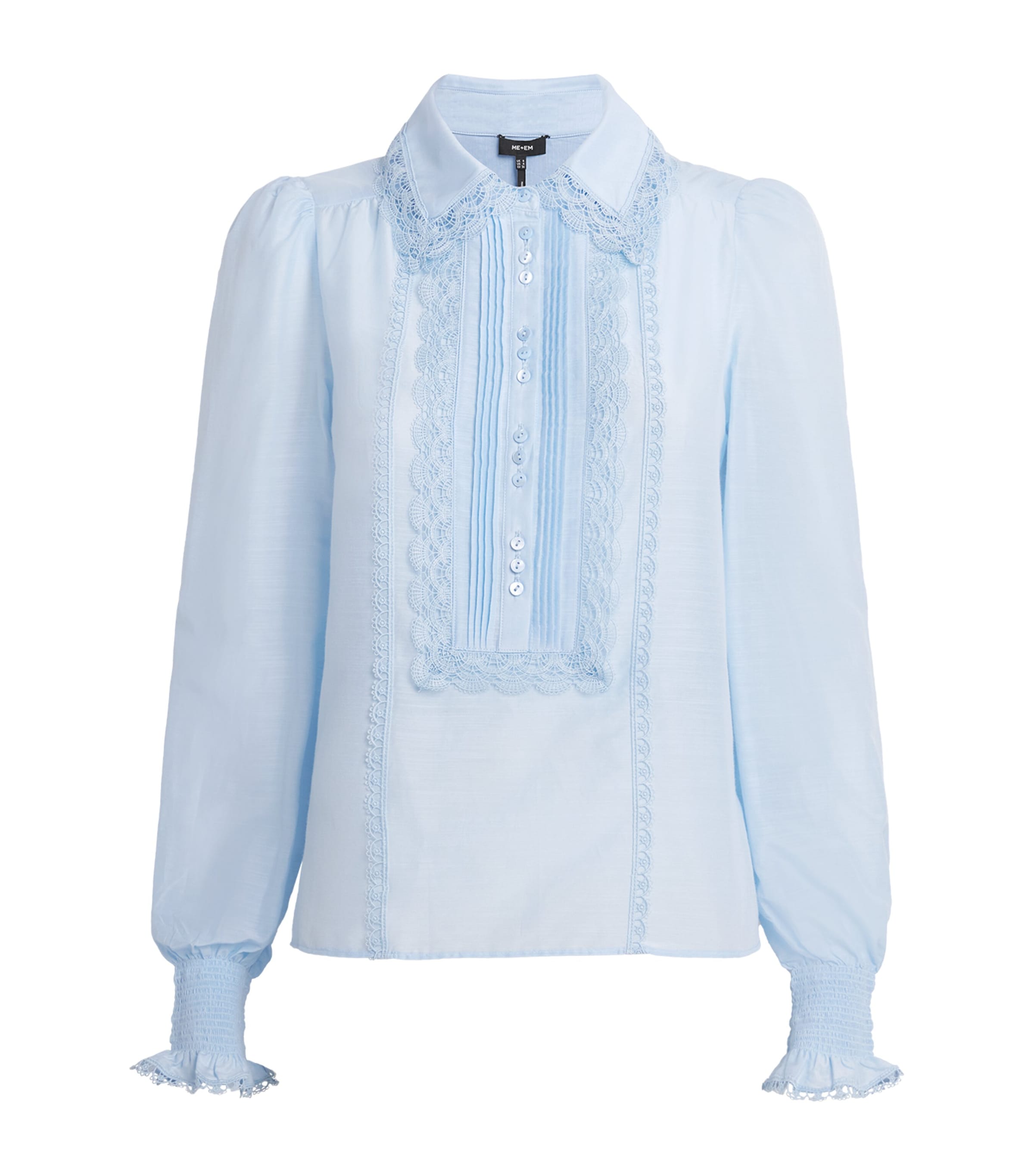 ME+EM Blue Silk-Cotton Lace-Trim Blouse