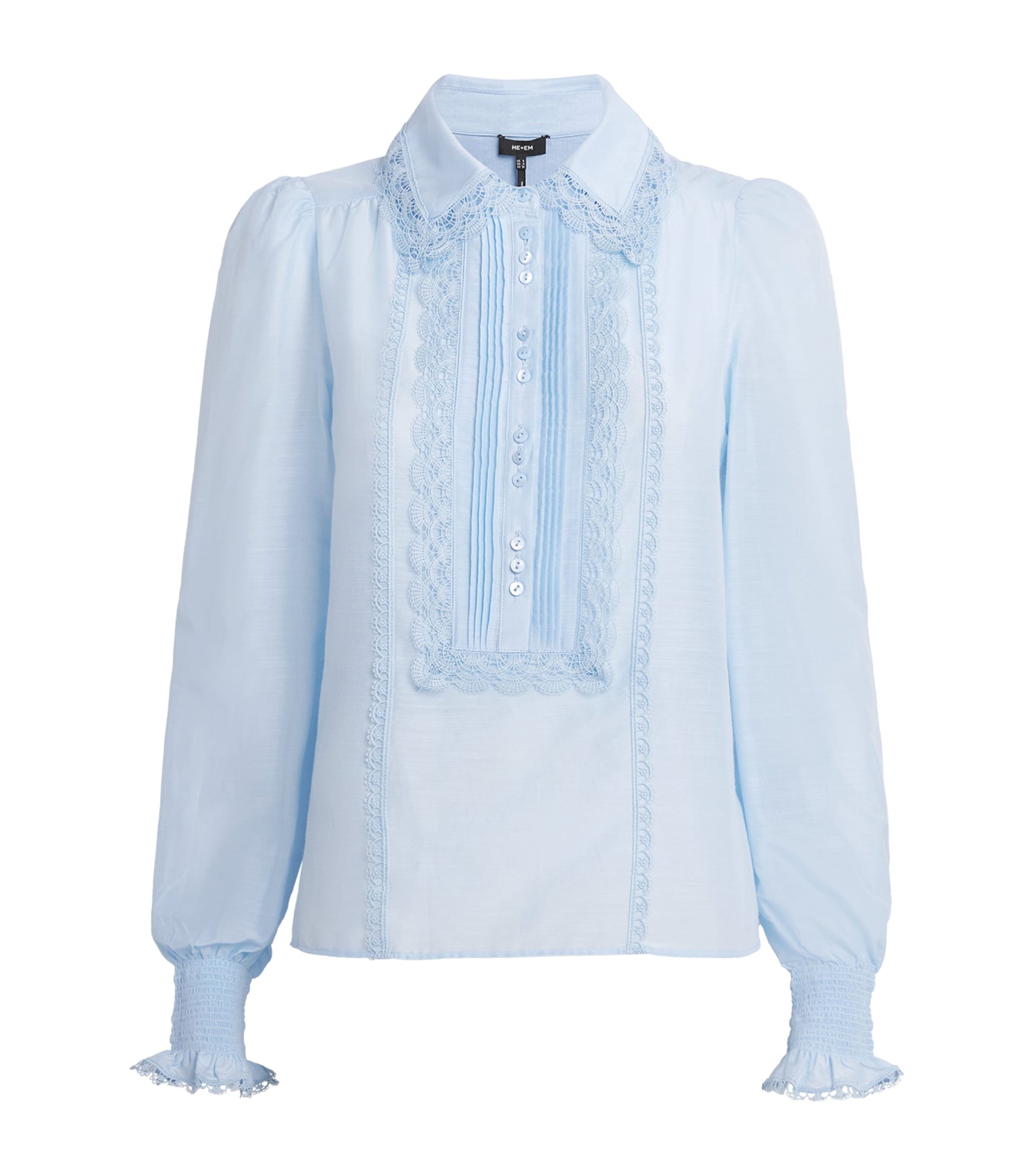 ME+EM Blue Silk-Cotton Lace-Trim Blouse