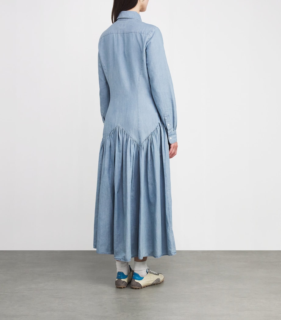 Blue Cotton-Linen Midi Shirt Dress