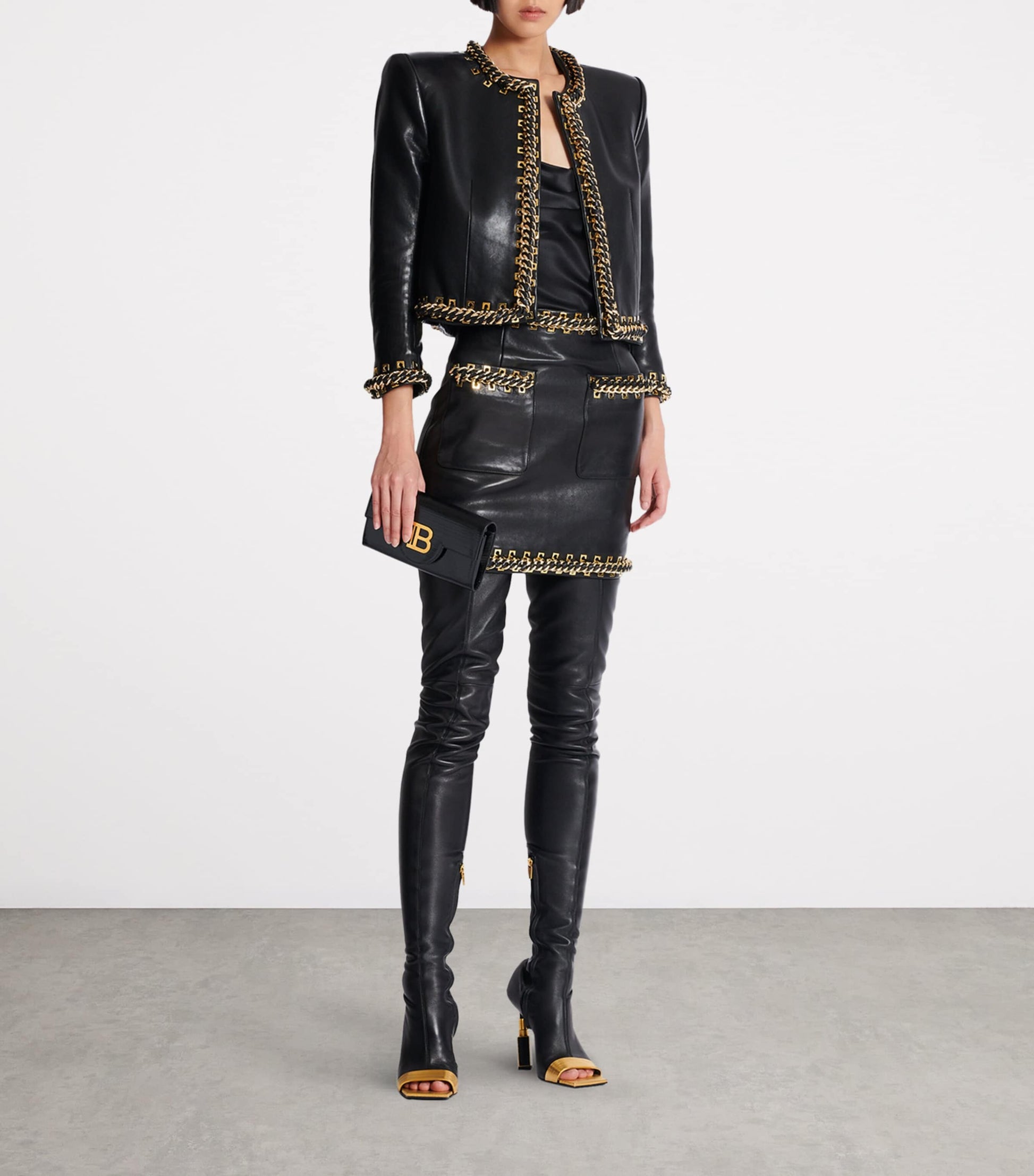 Balmain Black Leather Chain-Detail Jacket