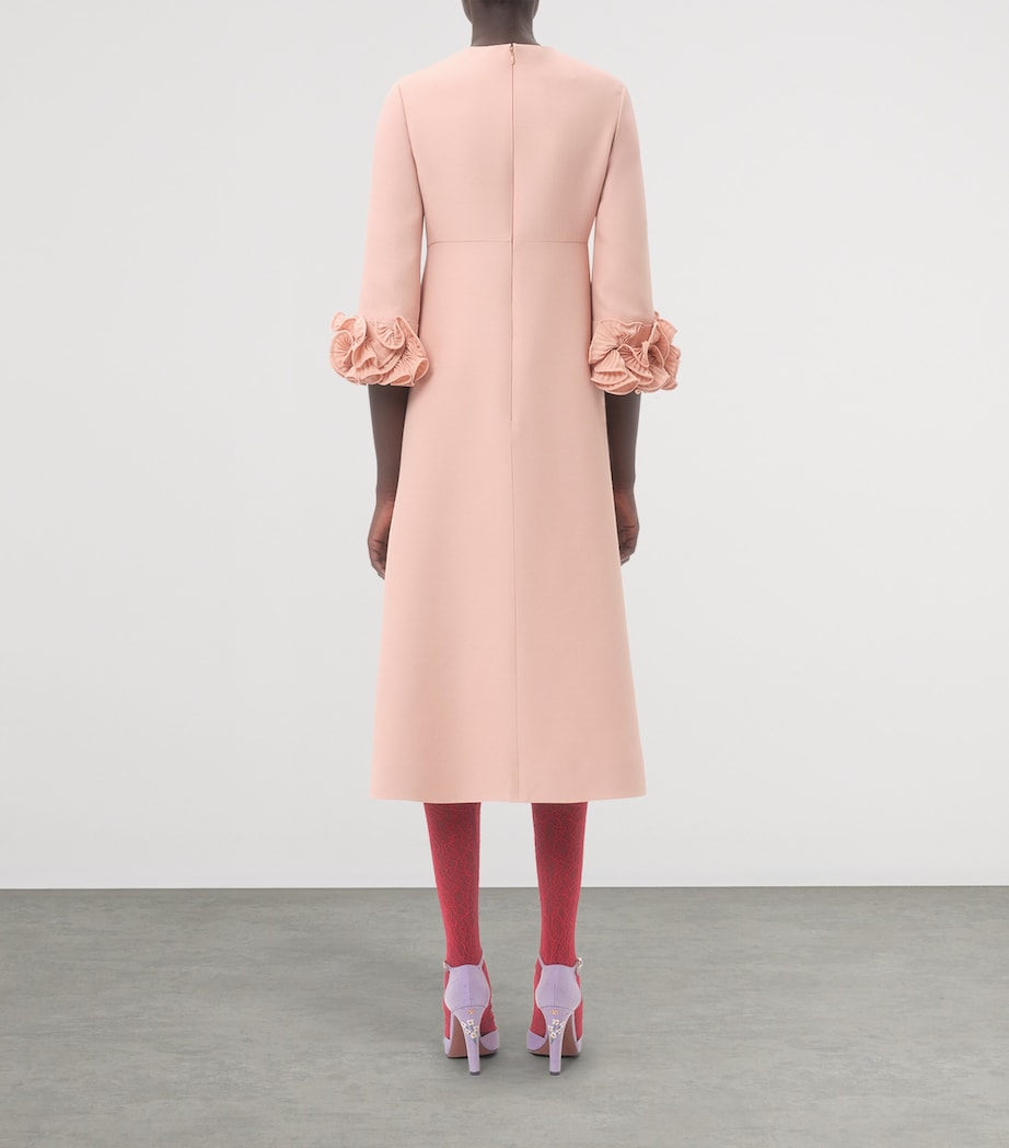 Valentino Pink Wool-Silk Floral-Sleeve Midi Dress