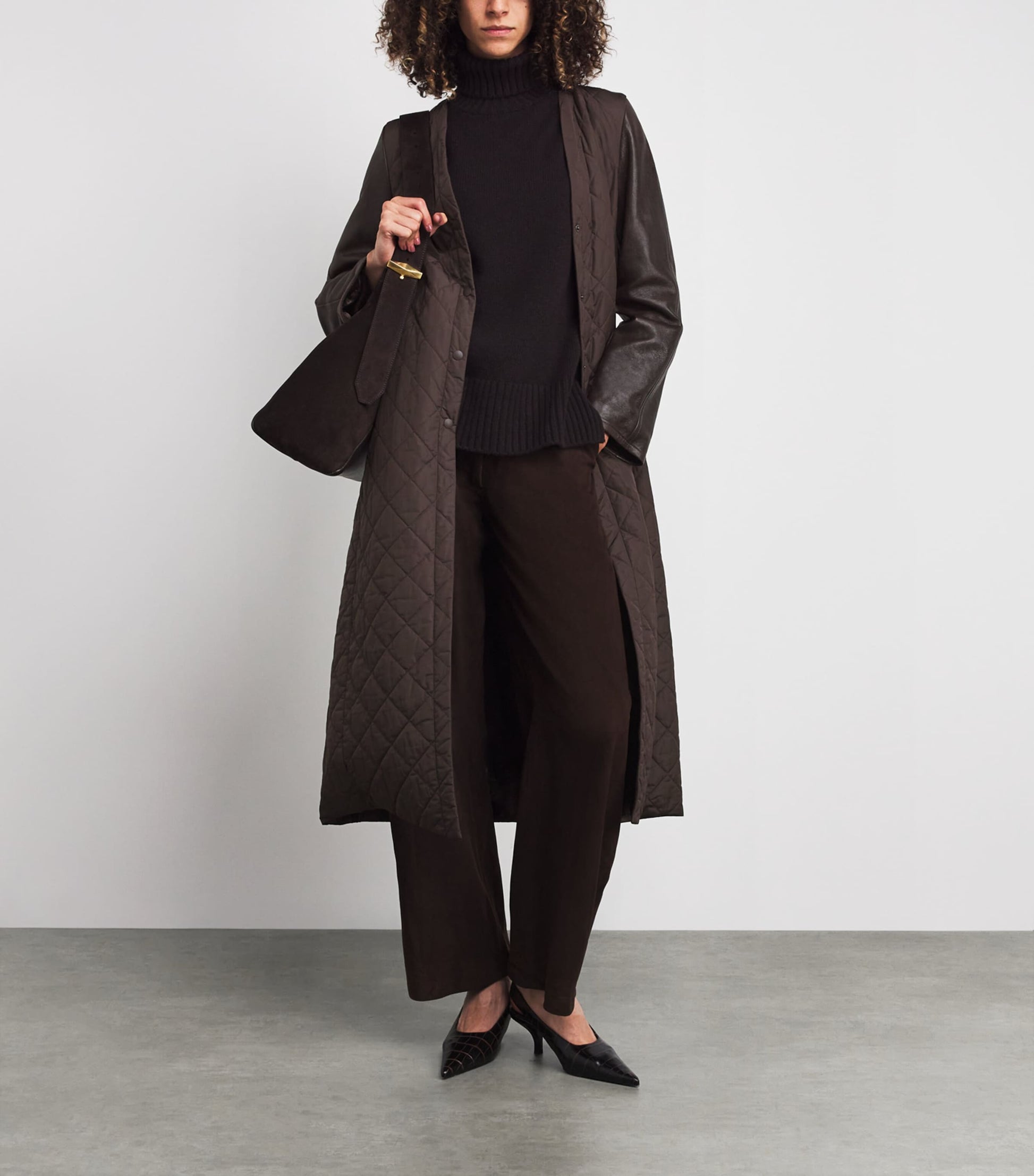 Max Mara Brown Leather-Sleeve Quilted Coat
