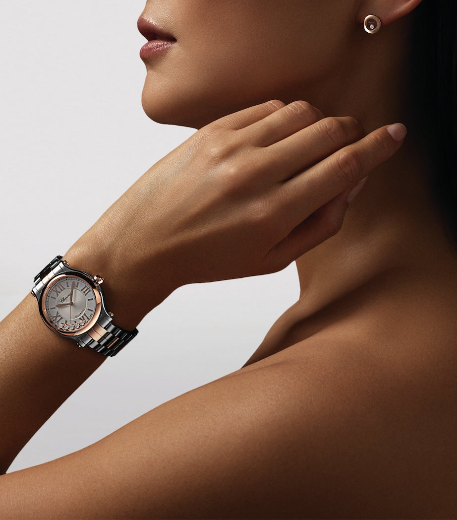 Rose Gold, Stainless Steel and Diamond Happy Sport Automatic Watch 33mm