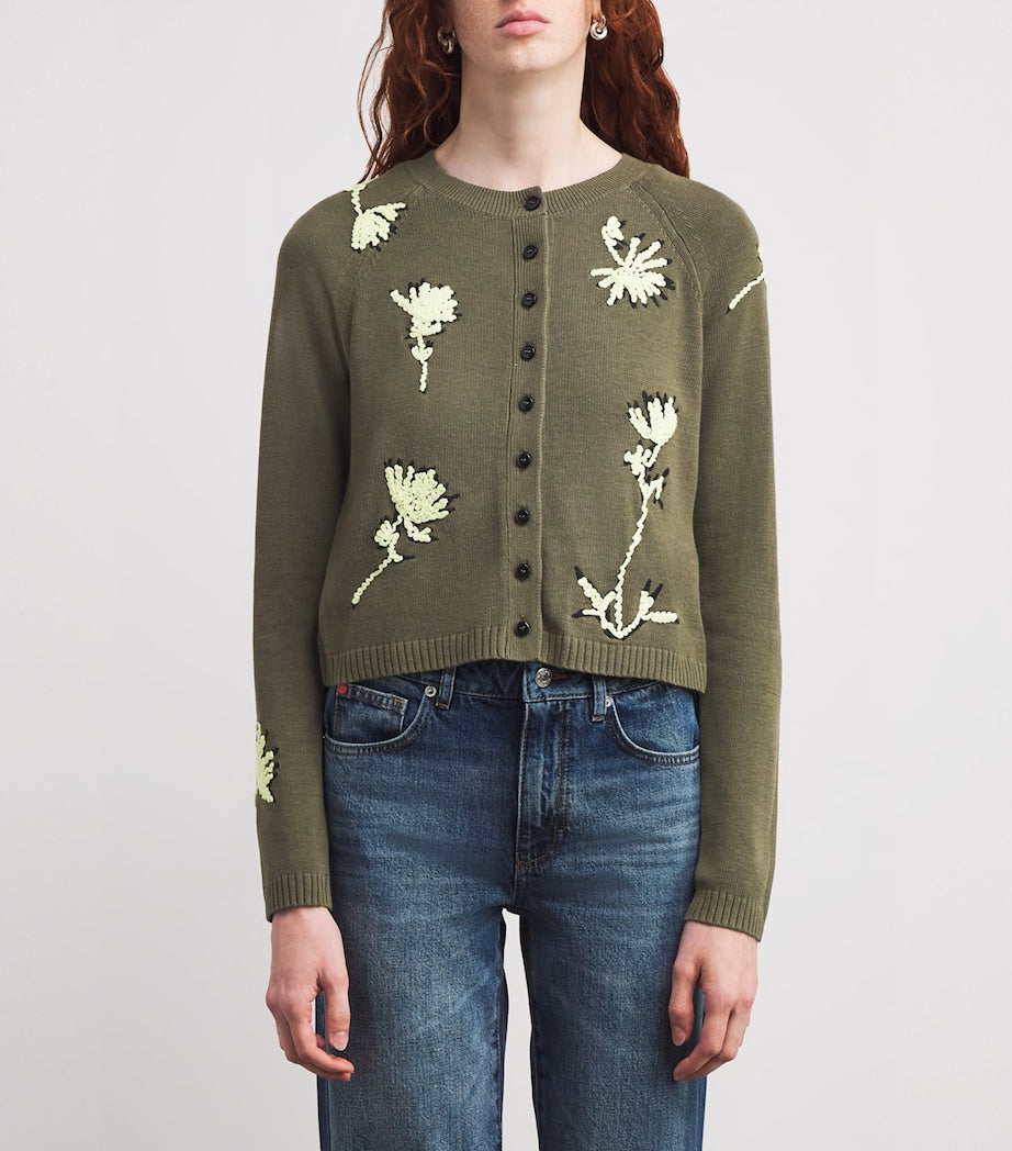 Green Embroidered Jacquard Floral Cardigan