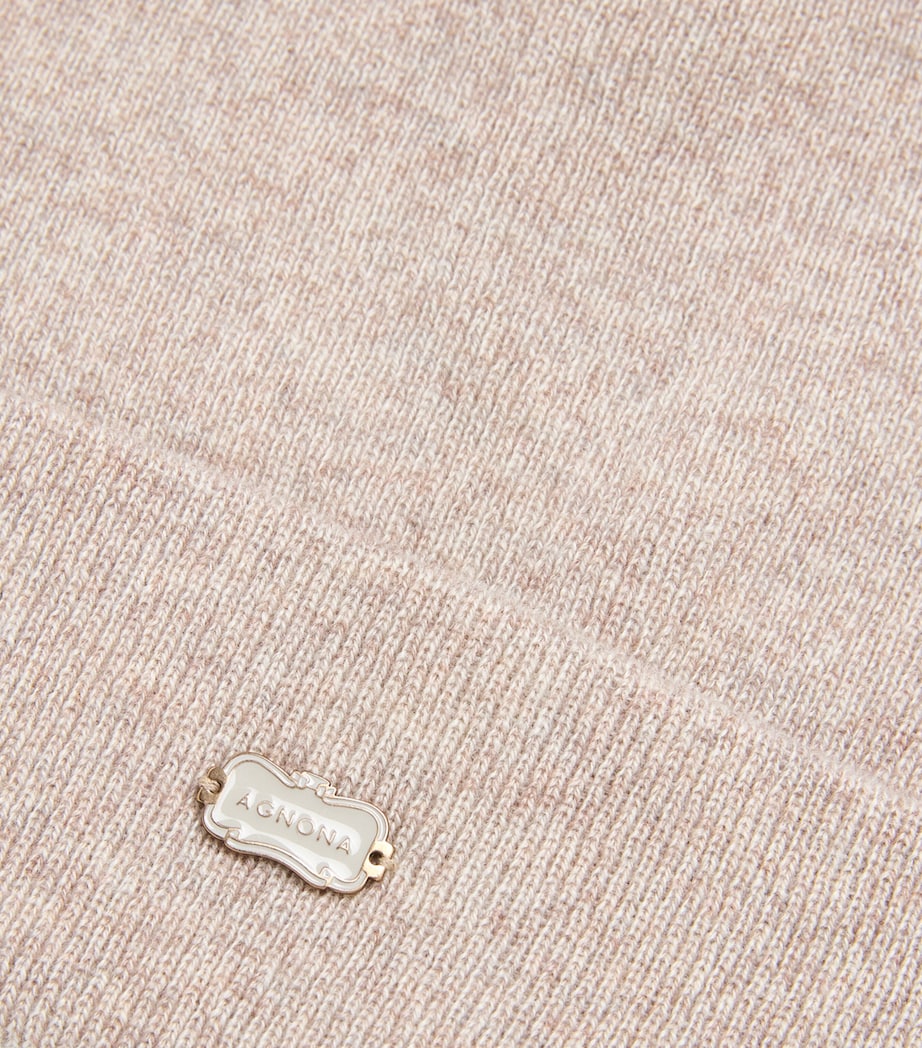 Agnona Beige Cashmere Logo-Plaque Beanie