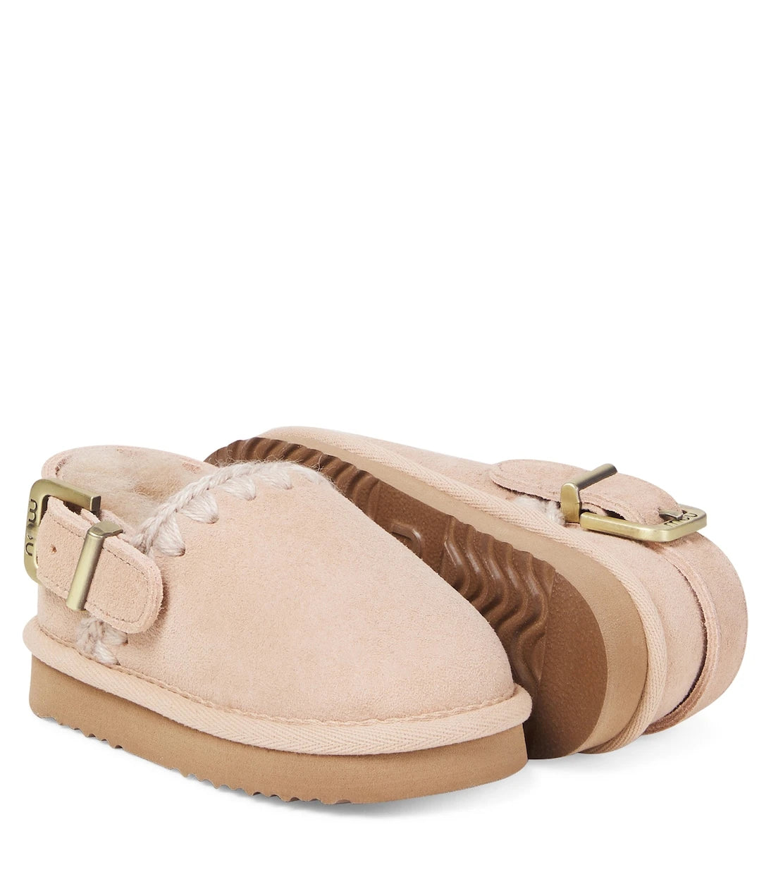 Mou Kids - Embroidered shearling-lined suede clogs