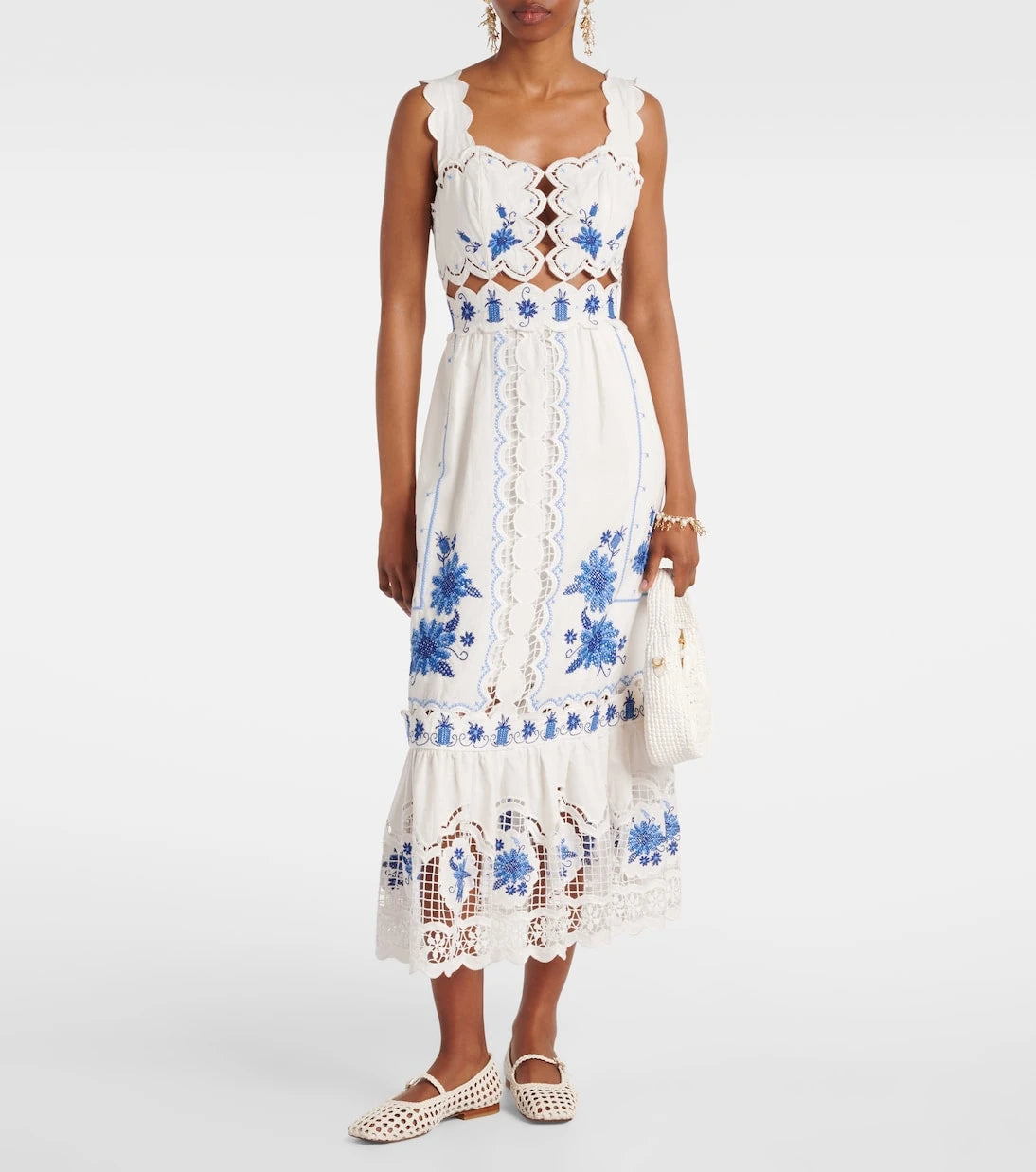 Farm Rio - Embroidered linen-blend midi dress