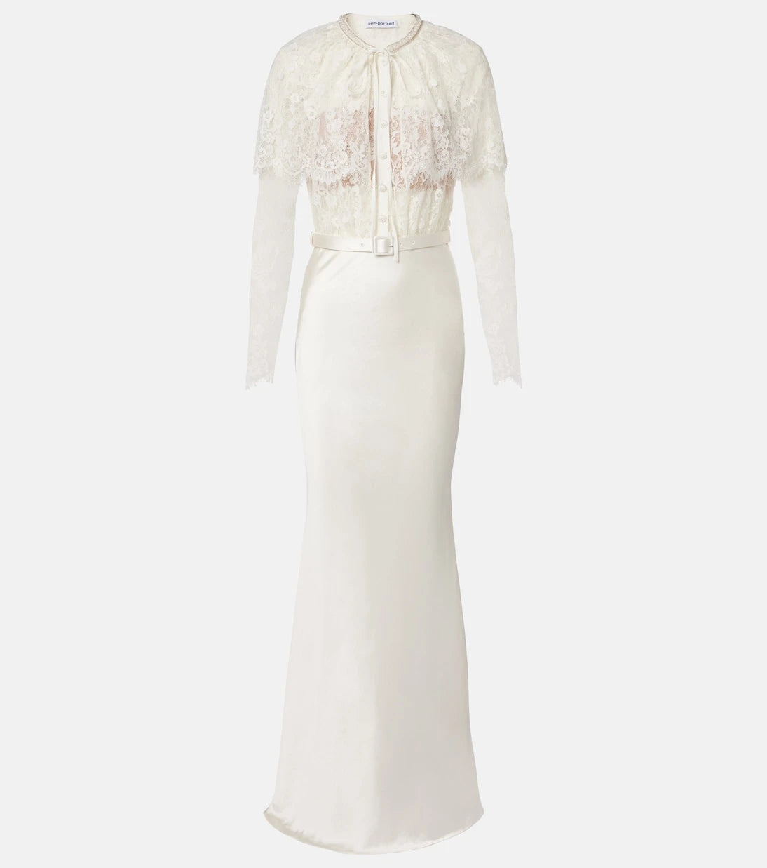 Self-Portrait - Caped lace and satin maxi dress