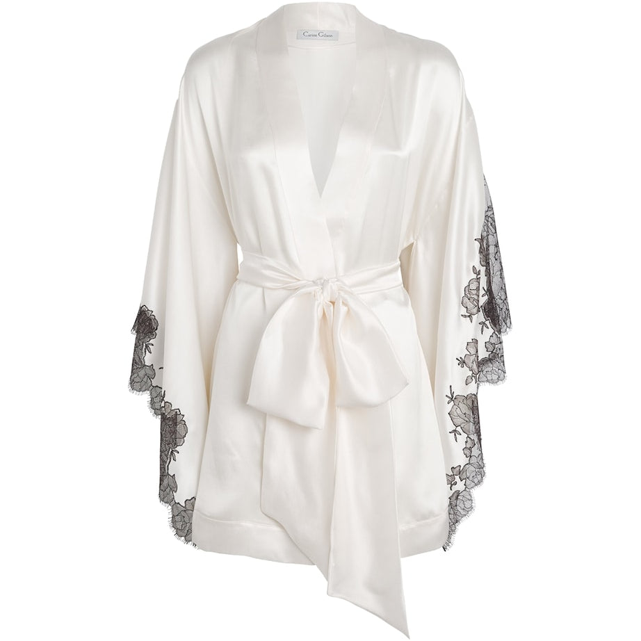Carine Gilson Beige Silk Lace-Detail Short Robe