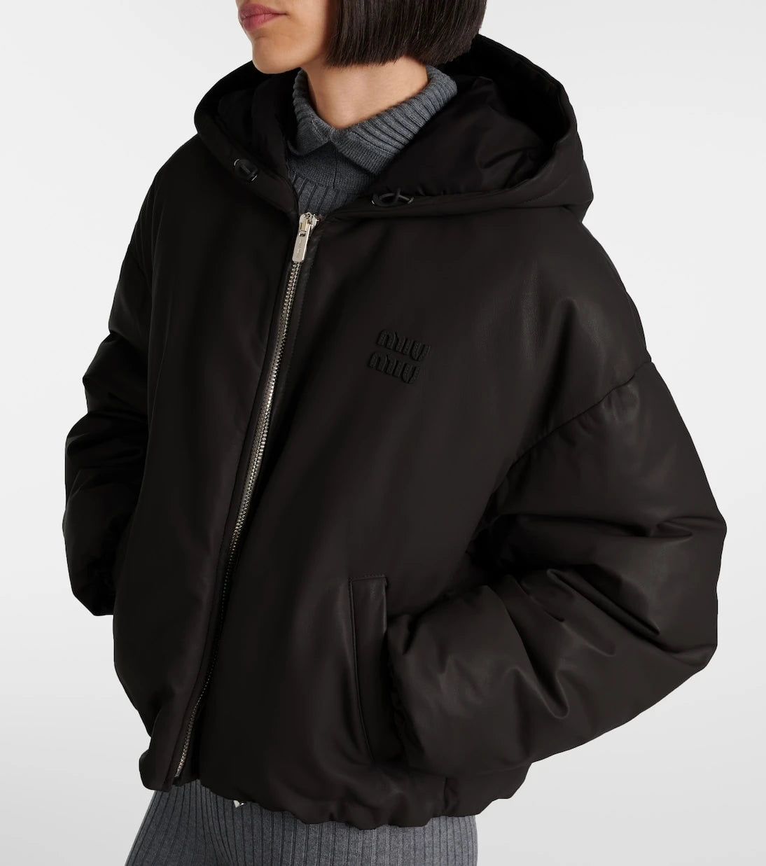 Miu Miu - Logo leather puffer jacket