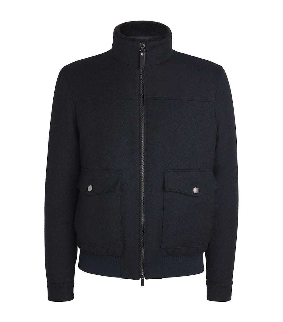 Canali Black Wool-Blend Shearling-Collar Bomber Jacket