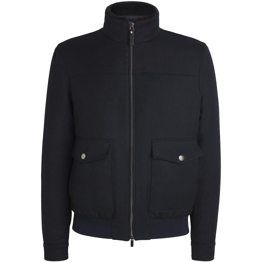 Canali Black Wool-Blend Shearling-Collar Bomber Jacket