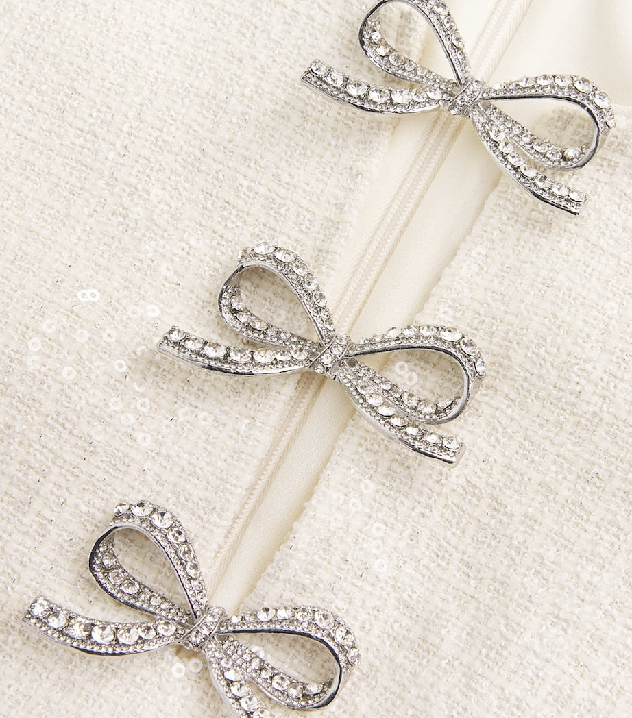 Self-Portrait Ivory Sequin Bouclé Bow Midi Dress