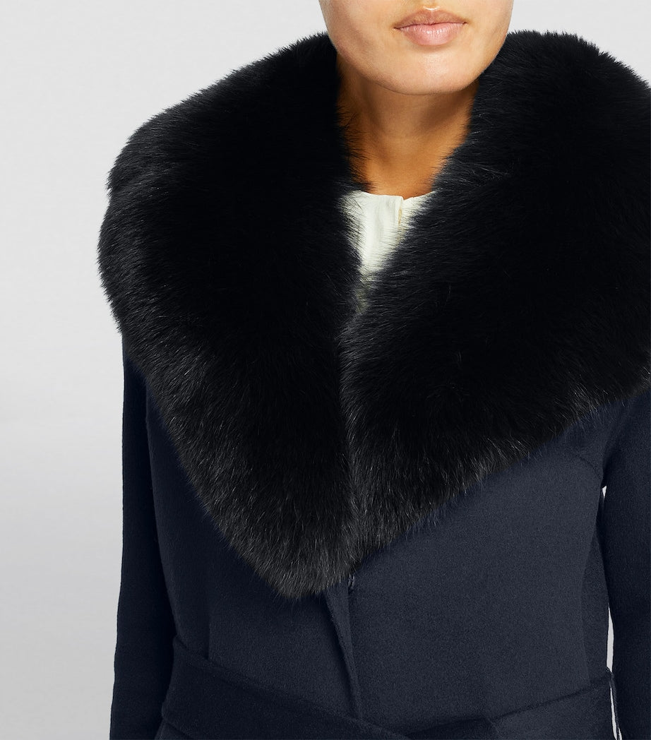 Yves Salomon Blue Cashmere-Wool Fox Fur-Trim Coat