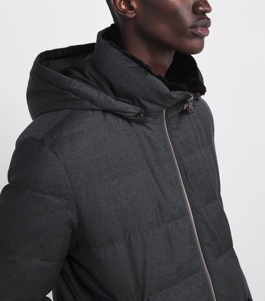 Yves Salomon Grey Wool-Silk Mink-Trim Puffer Jacket