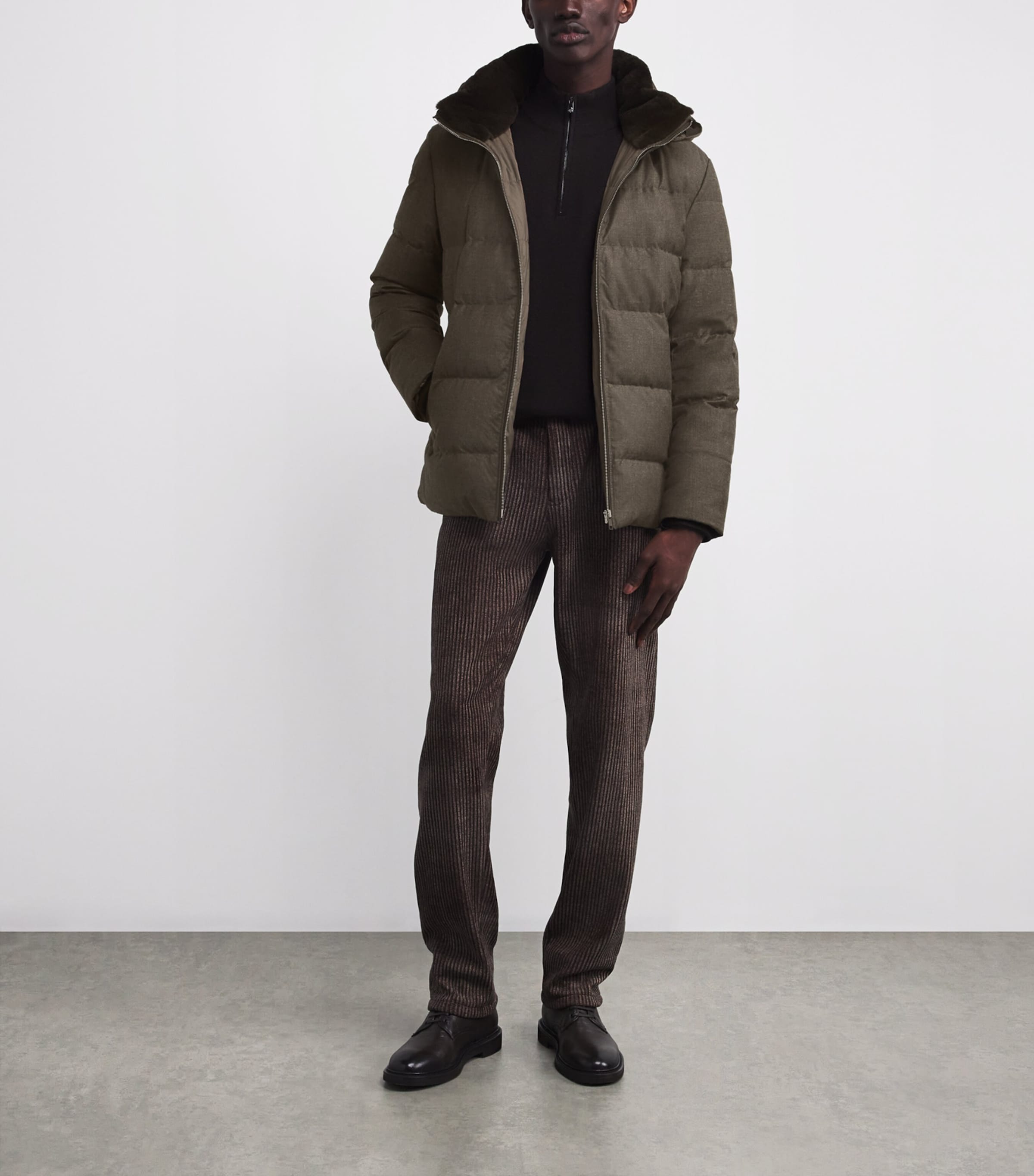 Brown Wool-Silk Green Storm System Mink-Trim Puffer Jacket