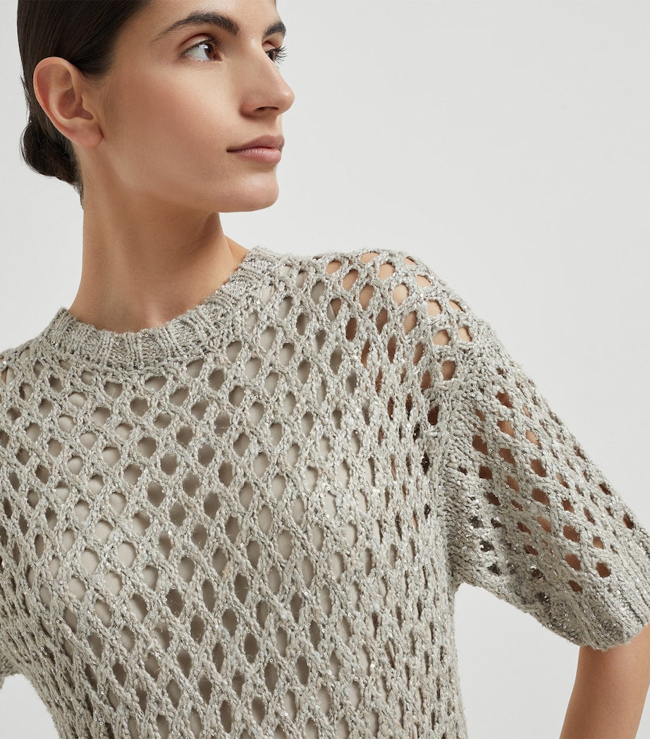 Brunello Cucinelli Grey Net Dazzling Knitted Midi Dress