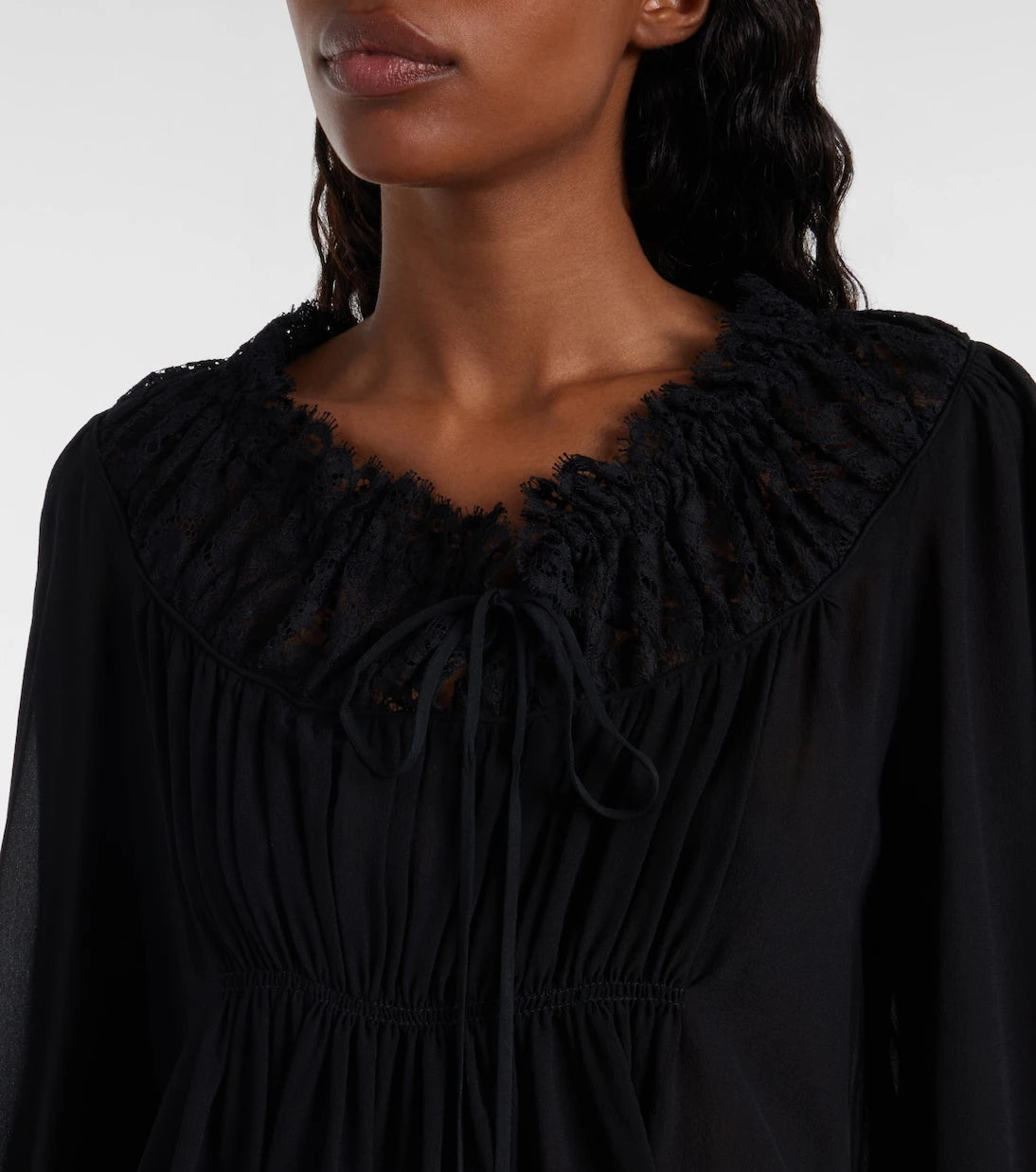 Chloé - Gathered lace-trimmed silk georgette blouse