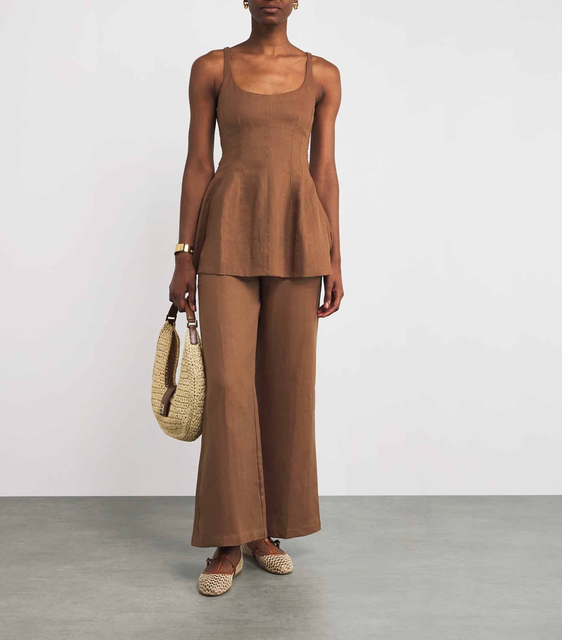 Faithfull the Brand Brown Linen Sleeveless Peplum Top