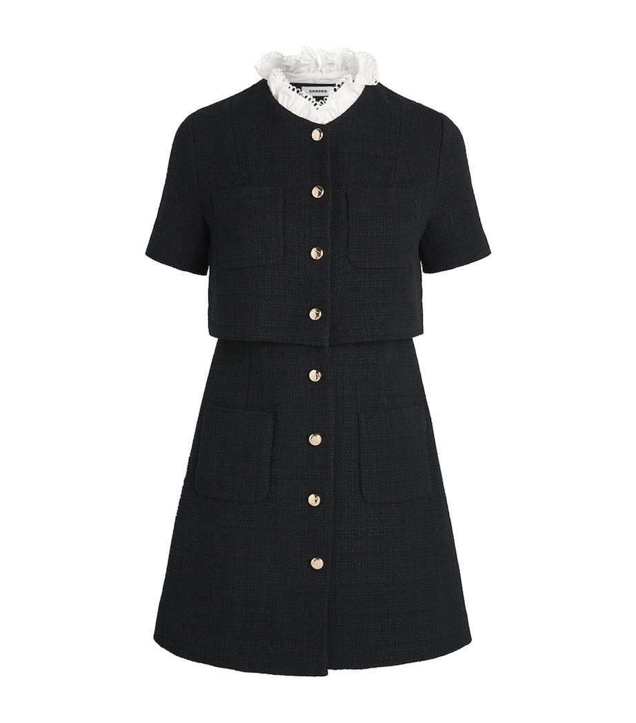 Sandro Paris Black Tweed Ruffle-Collar Mini Dress