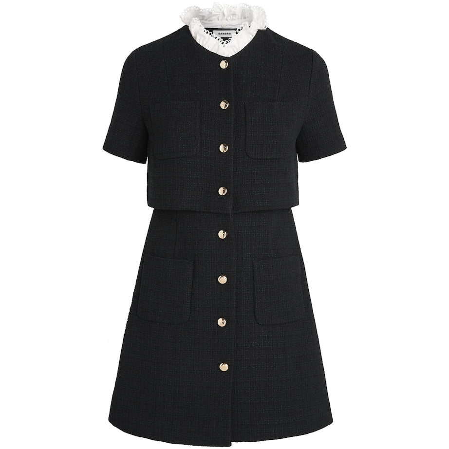 Sandro Paris Black Tweed Ruffle-Collar Mini Dress