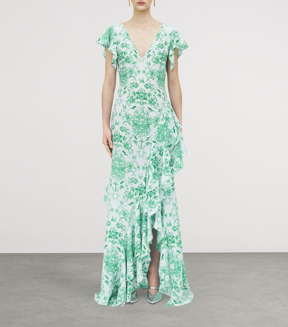 Blue Silk Sailor-Tattoo Ruffle Maxi Dress