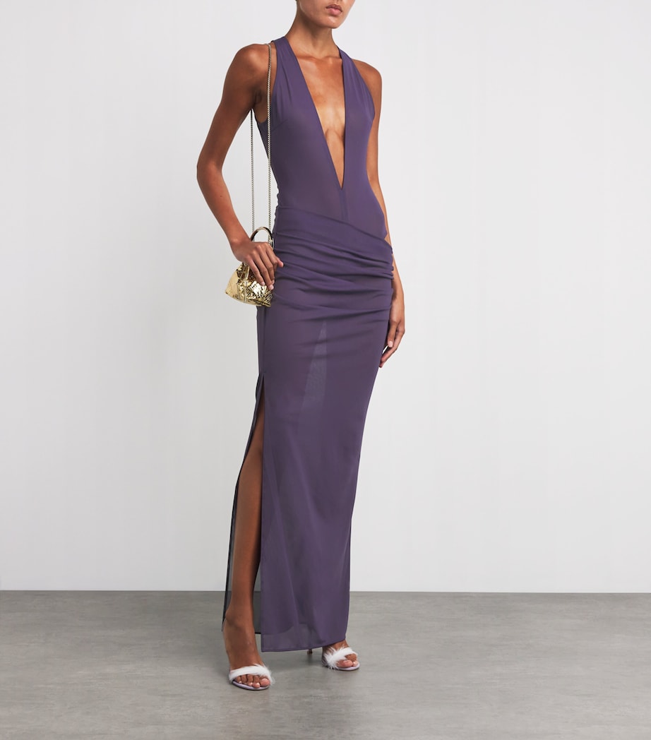 Purple Stretch-Mesh Maxi Dress