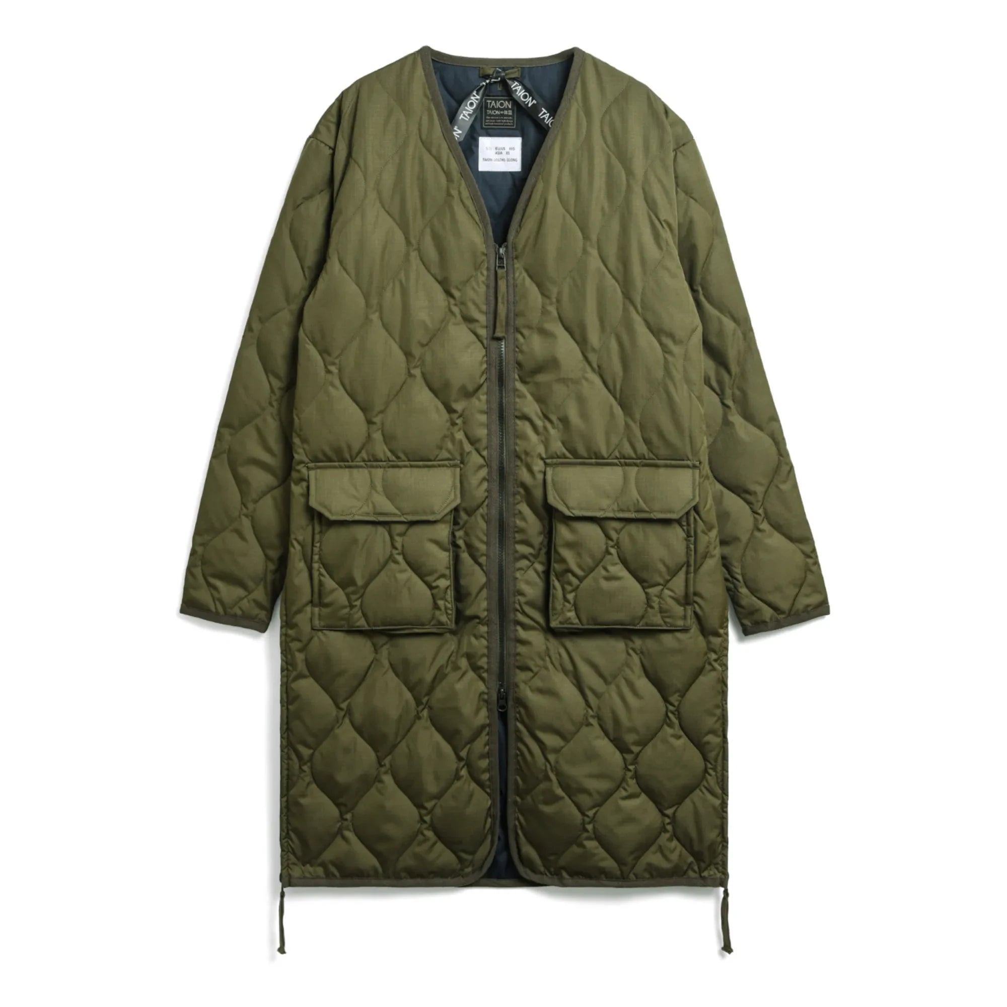 Taion - Military Unisex Long Zip Quilted Jacket | Olive green